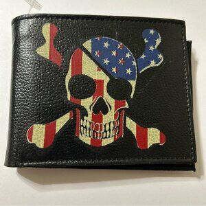 Beware Bifold Wallet With Flip Out ID Window Skull & Bones Flag Pirate new